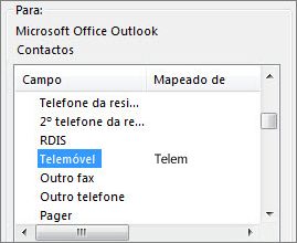 Tlm é mapeado para o campo Telemóvel do Outlook