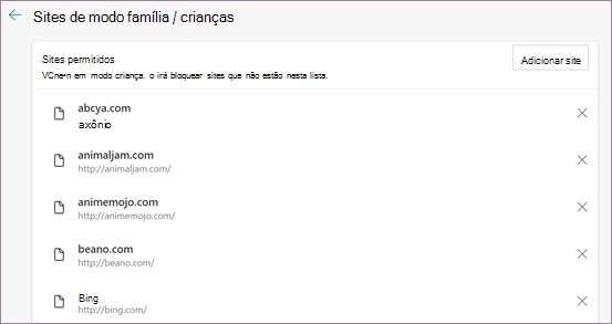 Sites permitidos pelo Modo de Crianças
