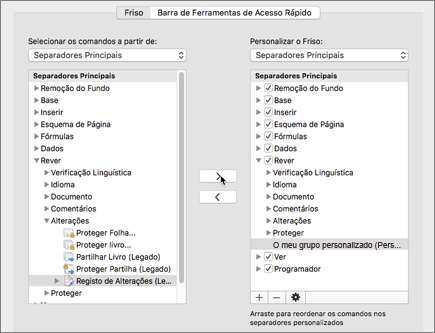 Clique em Registar Alterações (Legado) e, em seguida, clique em > para mover a opção no separador Rever