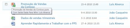 ToolTip that appears below the checked-out file icon. Permite ao utilizador saber o nome do ficheiro e quem deu saída do mesmo.