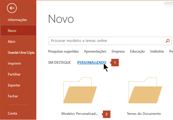 Em Ficheiro > Novo, clique em Personalizado e, em seguida, em Personalizar Modelos do Office.