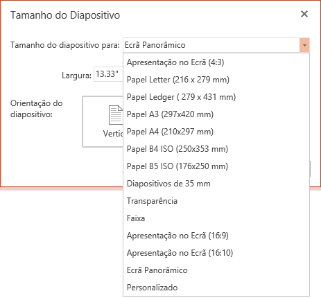 Opções de tamanho de diapositivo no PowerPoint Online