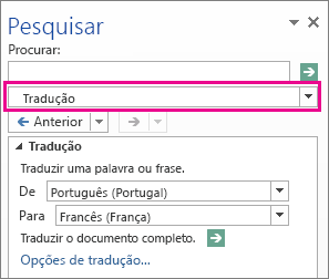 A opção Tradução no painel Pesquisar