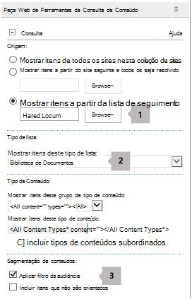 Lista de propriedades da Peça Web Consulta de Conteúdo com três notas de aviso