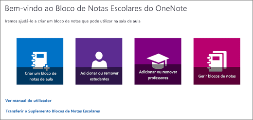 O Assistente do Blocos de Notas Escolares do OneNote, com os ícones para Criar um bloco de notas escolar, Adicionar ou remover estudantes, Adicionar ou remover professores e Gerir blocos de notas.