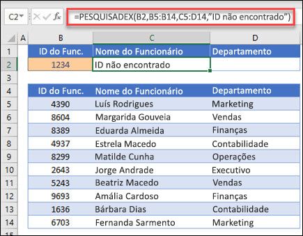 Exemplo da função PROCX utilizada para devolver um Nome de Funcionário e Departamento com base no ID do Funcionário com o argumento if_not_found. A fórmula é =PROCX(B2;B5:B14;C5:D14;0;1;"Funcionário não encontrado")