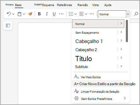 Mostra o menu de estilo no Word para a Web, com "Criar Novo Estilo a partir da Seleção" realçado junto à parte inferior da lista.