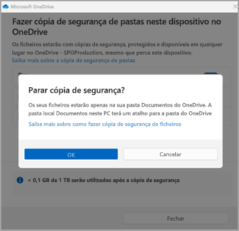 Cópia de segurança da pasta de cópias de segurança – OneDrive – parar cópia de segurança