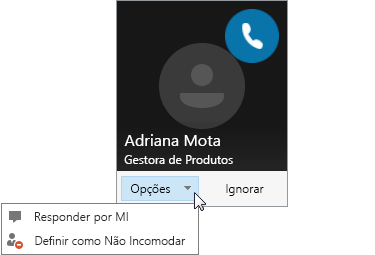 Captura de ecrã de uma notificação de chamada com o menu Opções aberto.