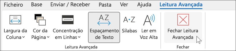 Ferramenta de leitura avançada no Outlook com o cursor a pairar sobre "fechar"