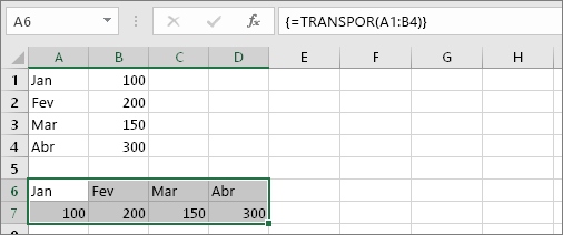 Resultado da fórmula com as células A1:B4 transposto para as células A6:D7