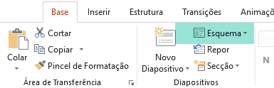 O botão Esquema no separador Base no PowerPoint tem todos os esquemas de diapositivos disponíveis.