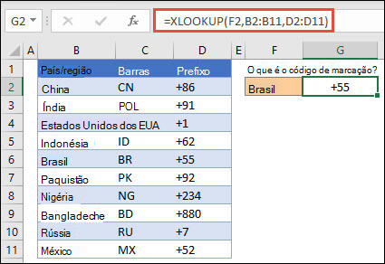 Exemplo da função PROCX utilizada para devolver um Nome de Funcionário e Departamento com base no ID do Funcionário. A fórmula é =PROCX(B2;B5:B14;C5:C14)