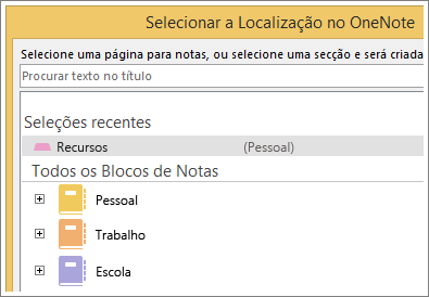 Captura de ecrã da janela do OneNote, onde pode escolher em que página tomar notas do Skype.