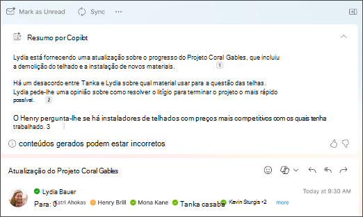 Resumo do tópico de e-mail com citações criadas pelo Copilot