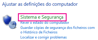 Ligação Sistema e Segurança no Painel de Controlo do Windows 8