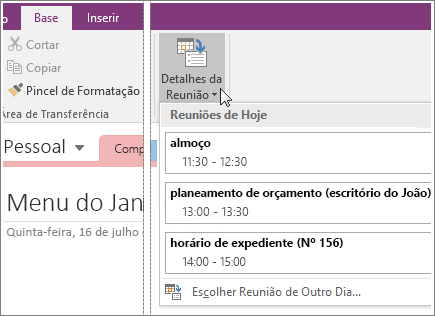 Captura de ecrã do botão Detalhes da Reunião no OneNote 2016.