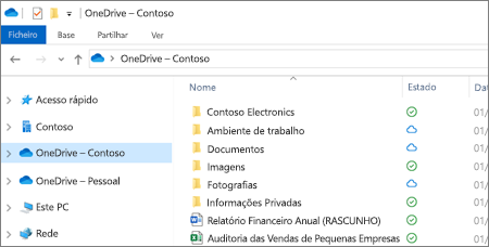 Captura de ecrã a mostrar ficheiros do OneDrive para Empresas no Explorador de Ficheiros