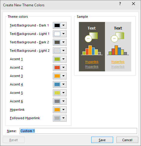 Mostra a caixa de diálogo de personalização de cores do tema no PowerPoint