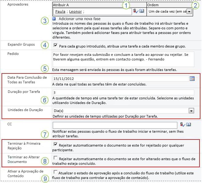 Predefinições de 'Adicionar um de fluxo de trabalho' com os campos realçados