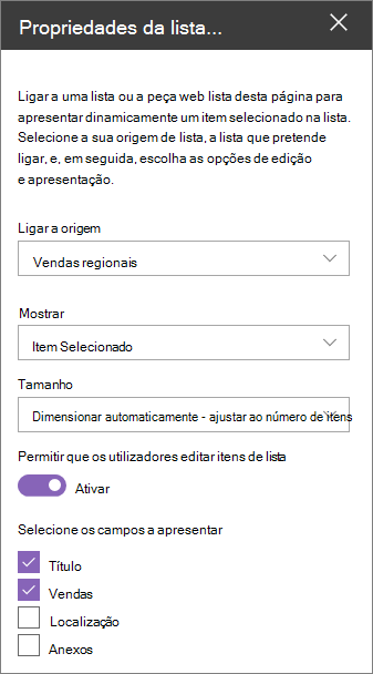 Painel de peças Web propriedades da lista