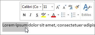 Minibarra de ferramentas com texto selecionado