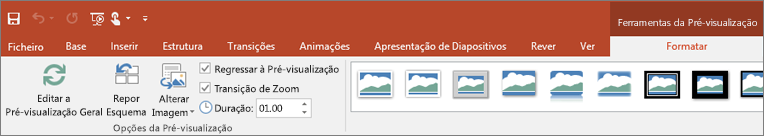 Mostra as Ferramentas da Pré-visualização no separador Formatar no friso do PowerPoint.