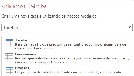 A caixa de pesquisa de modelos de tabelas no ecrã de Boas-vindas do Access.