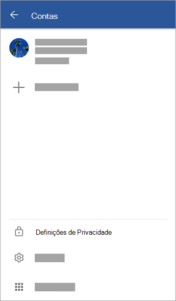 Captura de ecrã do menu Contas