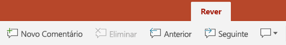 O separador Rever no friso do PowerPoint em tablets Android tem botões para utilizar Comentários.
