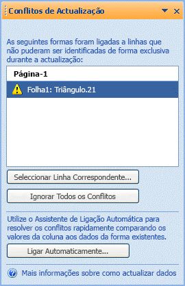 Atualize a janela de conflitos que apresenta as formas que não podem ser ligadas devido a um problema com o identificador exclusivo.