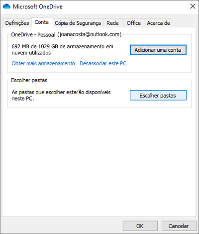 Caixa de diálogo adicionar conta do OneDrive