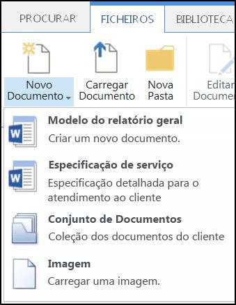 Menu Novo Documento com tipos de conteúdos personalizados no SharePoint