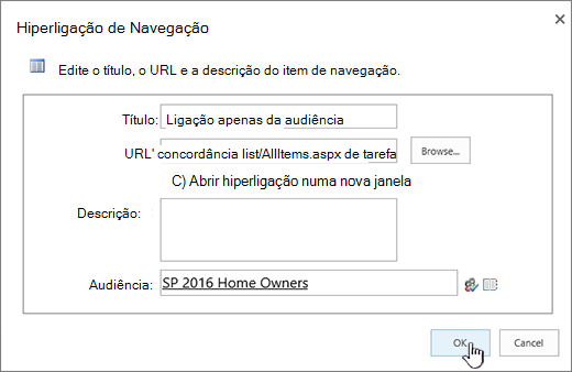 Propriedades da ligação de navegação com OK realçado.