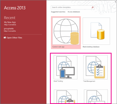 Modelos de aplicações no ecrã de arranque do Access 2013.