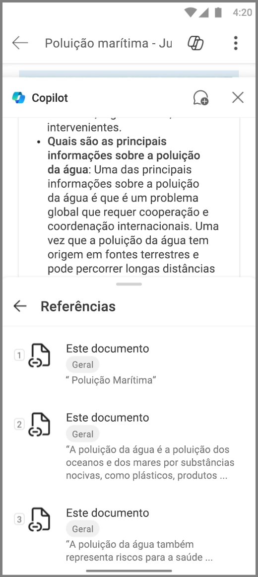 Captura de ecrã do Copilot no Word no dispositivo Android com Referências para resposta do Copilot