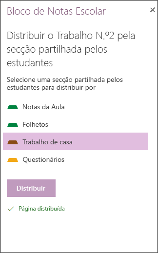 Opções de distribuição da página pelos estudantes