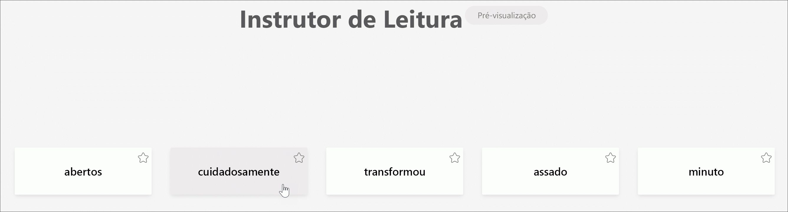 captura de ecrã da vista de estudante do Instrutor de Leitura a mostrar as 5 palavras com as quais um estudante teve mais dificuldade, com o cursor a pairar sobre a palavra "carefully"