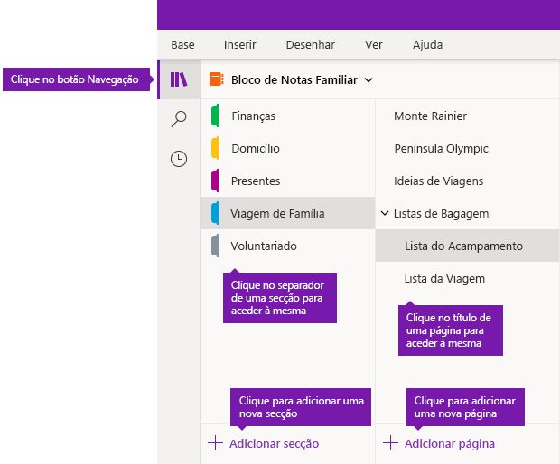 Secções e páginas no OneNote para Windows 10