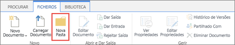 Imagem do friso Ficheiros do SharePoint com Nova Pasta realçada.