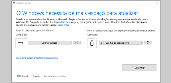 Mensagem O Windows necessita de mais espaço para atualizar