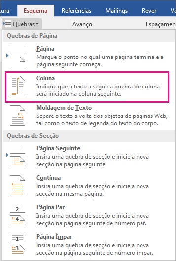 A opção Coluna está destacada no menu Quebras.