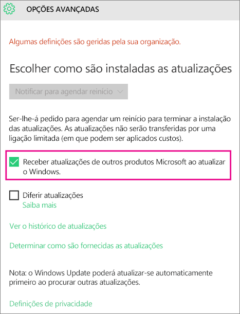 Opções Avançadas do Windows Update