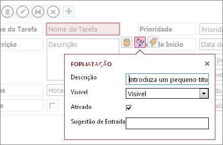 Vista em modo de Edição que mostra as definições de Formatação para uma caixa de texto.