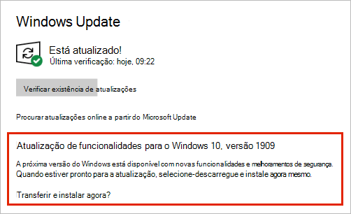 Windows Update a mostrar o posicionamento da atualização de funcionalidades