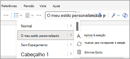 Mostra o menu de estilo no Word para a Web, com a opção "Atualizar para corresponder à seleção" num menu expandido.