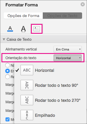 A direção do texto está realçada no painel Formatar Forma.