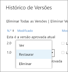 Menu item de versão