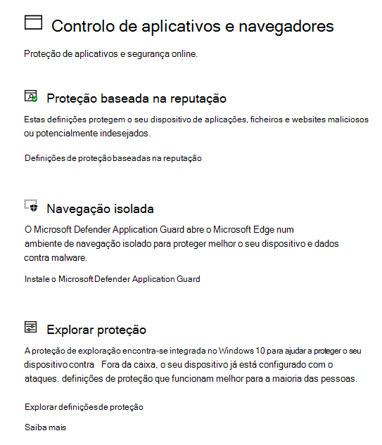 Controlo de aplicações e browsers na Segurança do Windows