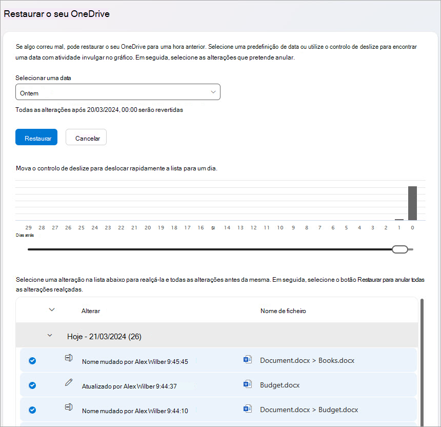 Restaure as suas atividades de ficheiros do OneDrive.